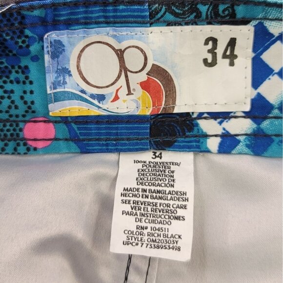 Op Ocean Pacific Board Shorts 34 Black Blue Pink Geometric Print 90s Vintage - Picture 8 of 11